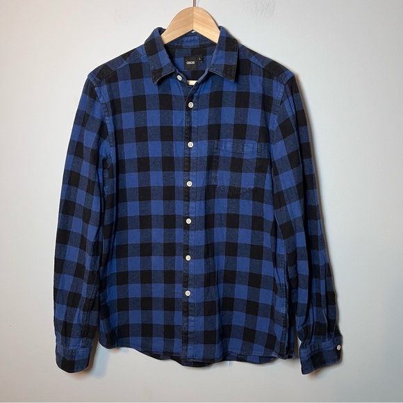 ASOS Flannel Button Front Shirt Men’s L Black Blue Plaid Check Fits Chest 40-42” - Picture 1 of 5